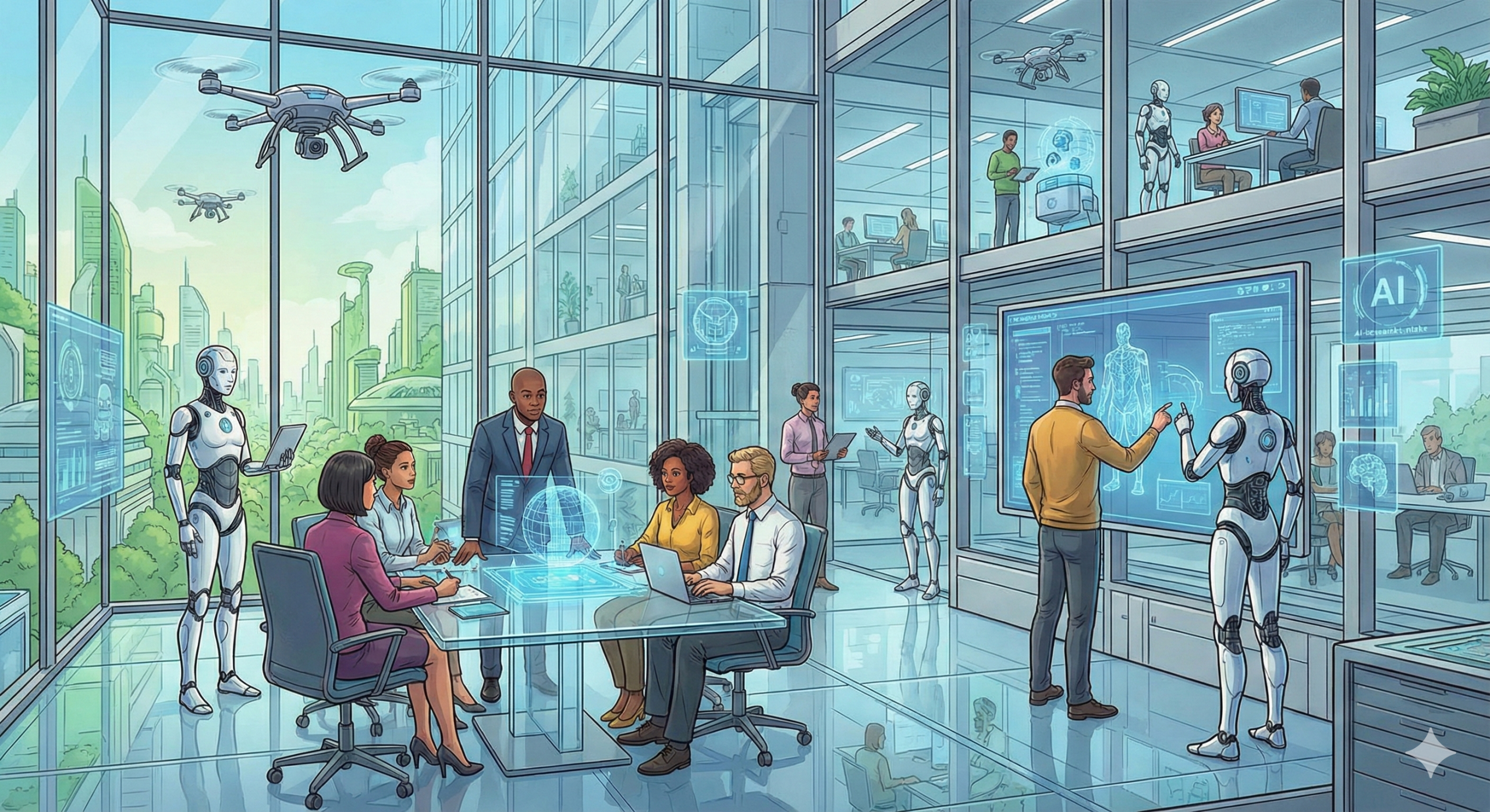 Ilustración futurista de colaboración humano-tecnología en entorno empresarial